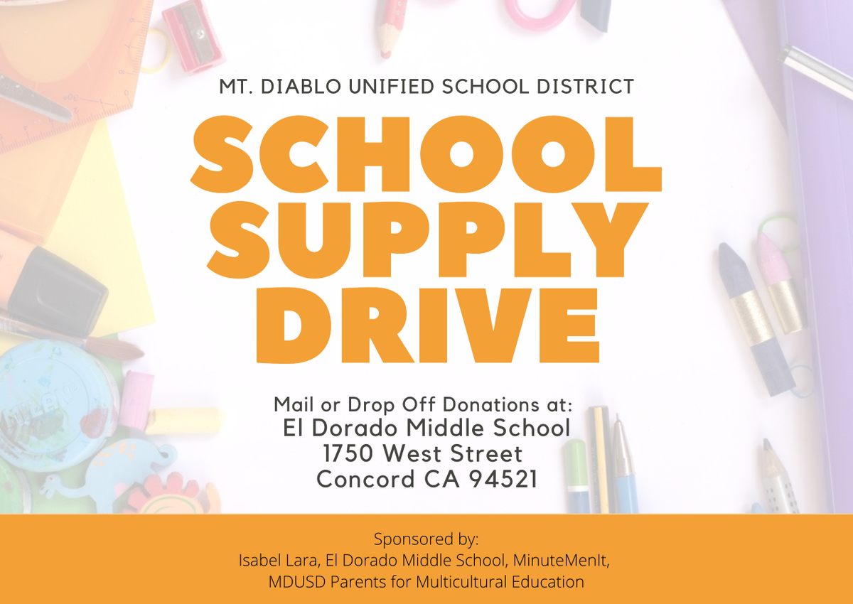 EquityMDUSD's tweet photo. We may not be headed back to the classroom but our students still need school supplies. Let's ensure kids have school supplies while distance learning. Donations will be distributed to all MDUSD students in need. @EdmsToros https://t.co/gFtlGZbhfY