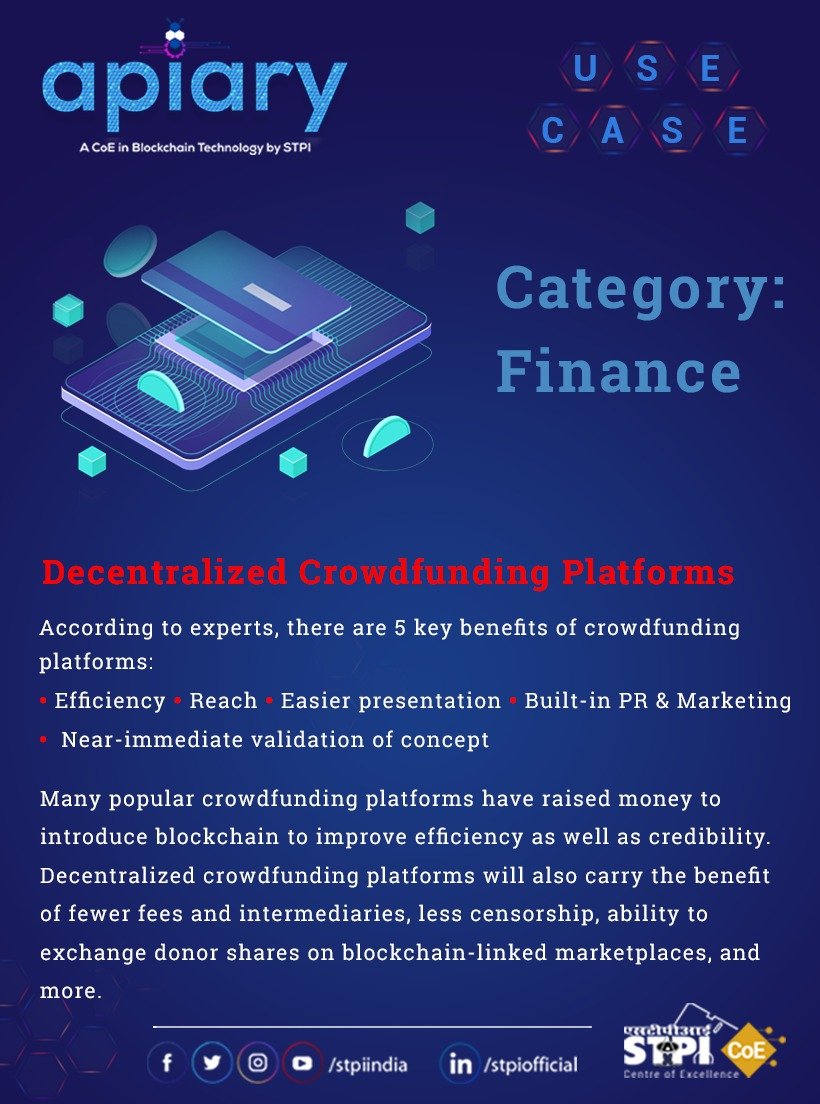 stpiindia's tweet photo. With #decentralized platforms, #crowdfunding can become an even more legitimate means of funding a vast spectrum of causes. Are you ready to create breakthrough innovations in #Finance via #Blockchain?Apply today! https://t.co/7I8dEk8Roq #STPICoEs #STPIApiary #STPIMentorPool https://t.co/GC34KFA99c