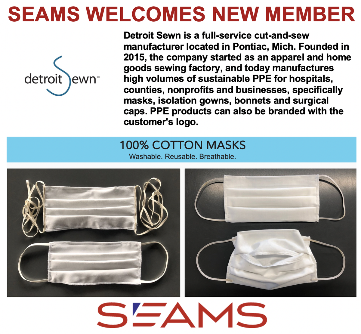 SeamsAssoc's tweet photo. New @SeamsAssoc member Detroit Sewn is a full-service cut-and-sew manufacturer located in #Pontiac, Mich.
https://t.co/tXp1m77Pb1
#MadeinAmericaPPE #SEAMS #Apparel #AmericanTextiles #WeMakeAmazing #BuildingASupplyChainBridge #MadeInAmerica #MadeInUSA #Yarns #Fibers #Fabrics https://t.co/TAI0ypAnkr