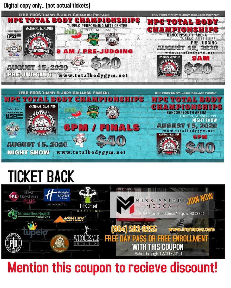 JudyGaillard's tweet photo. Time to get your tickets!
NPC Total Body Championships Prejudging & Finals tickets are starting to move! Thanks Scott C from Memphis, #NpcTN for your ticket order! We appreciate your support of the show!
LIMITED SEATS AVAILABLE.
Tickets online: https://t.co/twWhSo6UPh. https://t.co/yee9ltQNNx