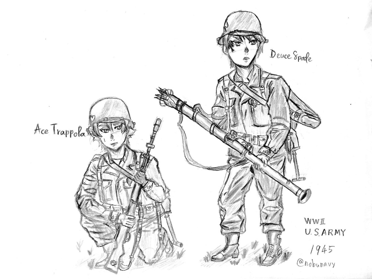 ソビヱツク 実在軍服 模写注意 Twstのキャラに実在の軍服を着せてみたらどうなるか妄想してて エーデュースの二人を描いてみました 米陸軍 Ww2 欧州戦線 の軍装です Twstファンアート