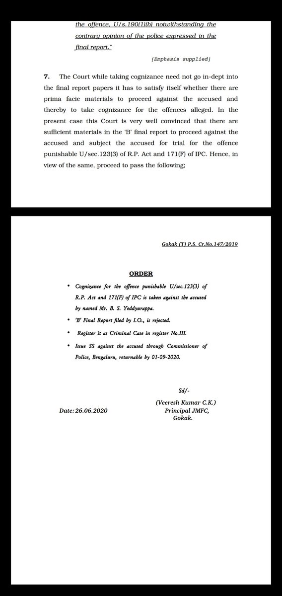 *Summons issued to @CMofKarnataka @BSYBJP by JFMC court in #Gokak #belagavi #Karnataka. On November 23 during election rally at Valmiki stadium Gokak. CM had appealed to #Veerashaiva #Lingayat comunity not to split votes. Cops had filed closure report. But court has rejected it. https://t.co/wKar7lcAPp