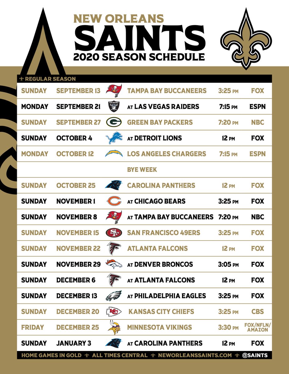 Saints 2022 Schedule New Orleans Saints On Twitter: "Updated, Preseason Less, Saints Schedule! Add It To Your Calendar And Or Print A Pdf Of It At The Top Section Of Our Schedule Page! -> Https://T.co/3Jsofldlze