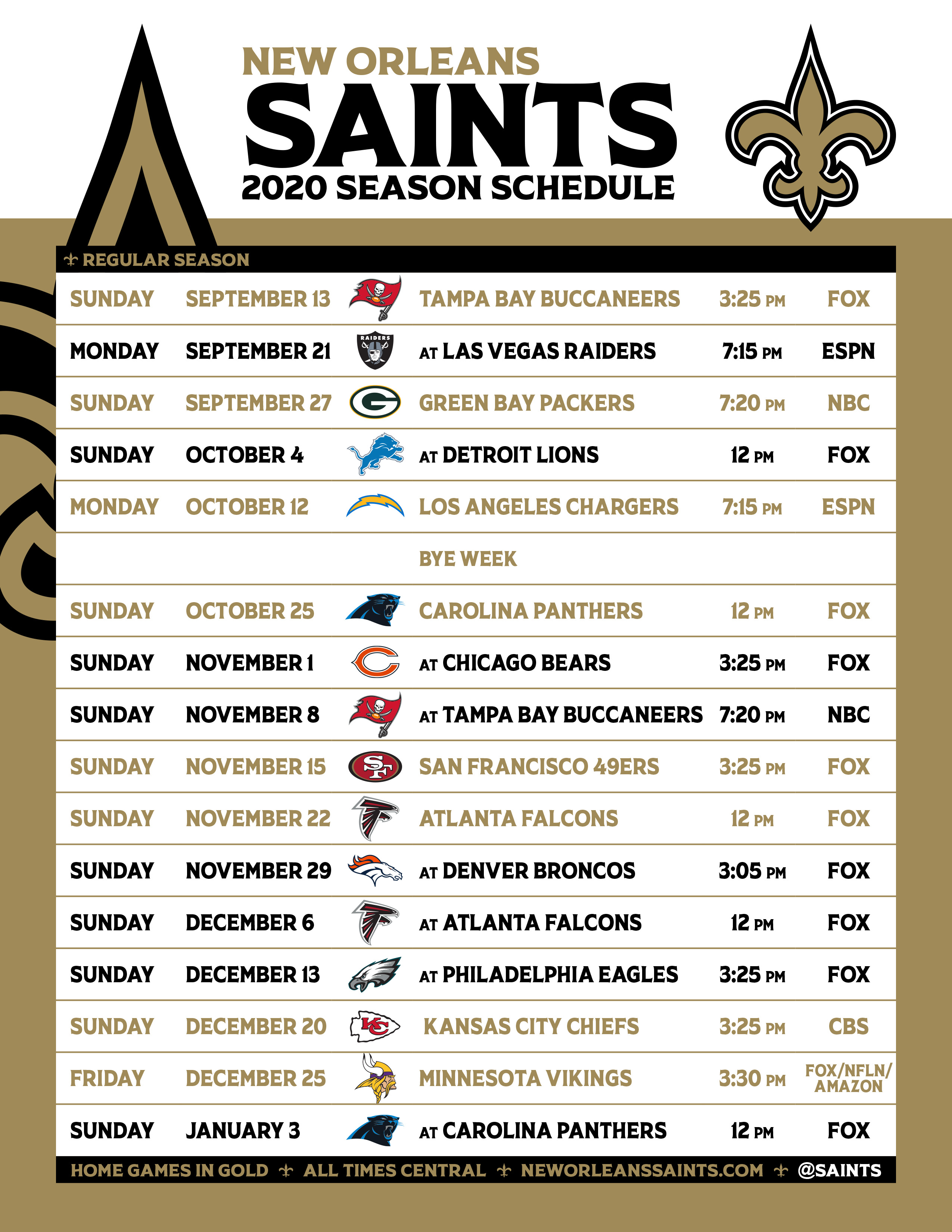 Saints football on sale schedule 2020