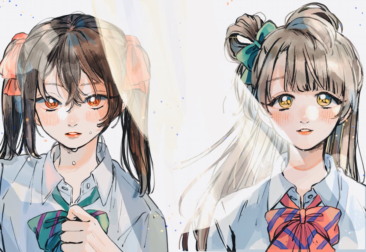 minami kotori ,yazawa nico multiple girls 2girls otonokizaka school uniform bow green bow bowtie long hair  illustration images