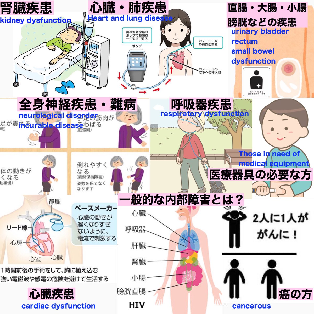 helpmarknetwork's tweet photo. #SDGs  #internaldisturbance

#内部障害symbol

心機能障害

腎機能障害

呼吸機能障害

膀胱、直腸機能障害

小腸機能障害

エイズ 

肝機能障害

難病

癌

配布先
https://t.co/9zdkSyGIZK https://t.co/Pl9PBBkhy3