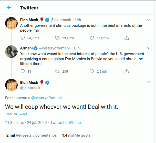 Que más nadie me me venga a decir que hay empresarios buenos, progresistas, que admiran a Elon Musk porque es innovador, es el ejemplo a seguir, joven, maravilloso, bla bla bla.

Dejo aquí captura por si lo borra.