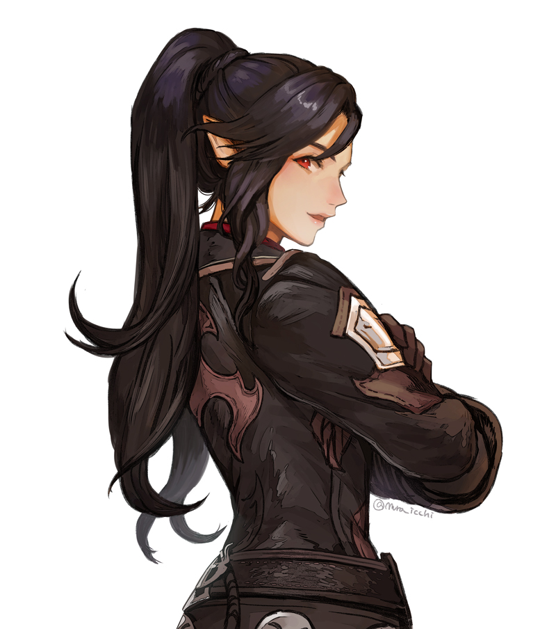 1girl pointy ears hyur elezen black hair red eyes elf  illustration images