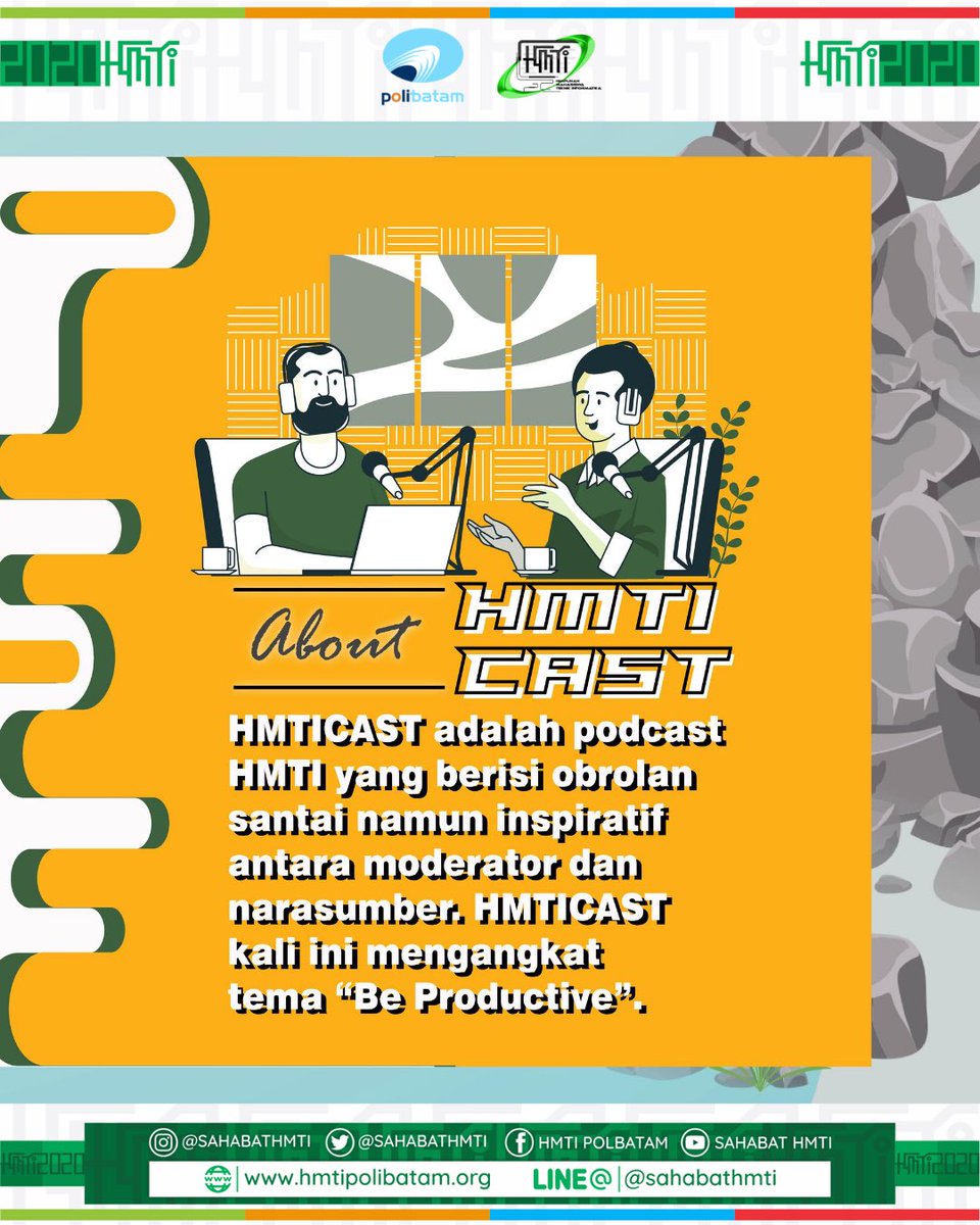 sahabatHMTI's tweet photo. [HMTI CAST 2]
.
Hallo sahabat HMTI! HMTICAST hadir kembali dan siap menemani kamu yang #dirumahaja selama masa pandemi ini! Eittsss, tentunya tema yang dibawakan kali ini juga menarik loh yaitu Be Productive! 
.
#SalamInformatika
#KeepSpirit https://t.co/rU2xgert0X