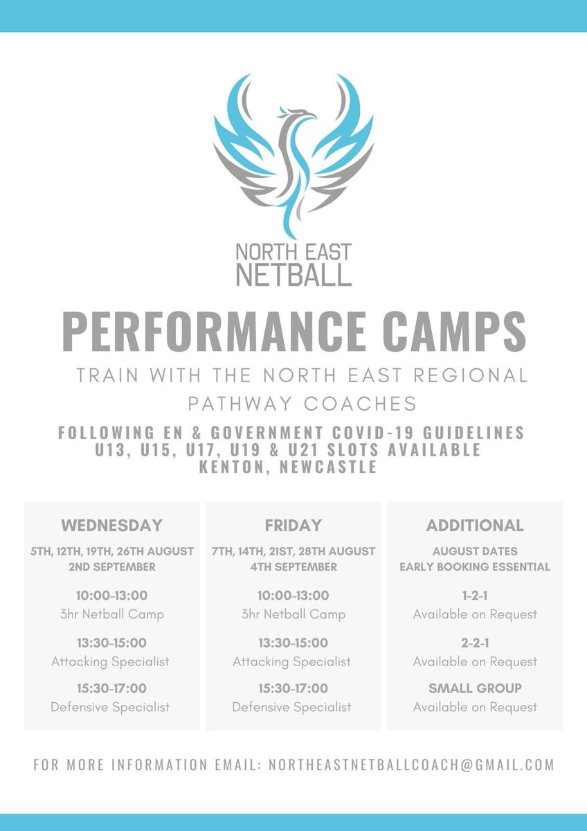 North East Performance Pathway (@nepathway) on Twitter photo Bookings now open❗️North East Summer Performance Camp,Limited spaces available, delivered by regional pathway coaches, following EN & Government guidelines, Every Wed & Fri, Outdoor courts at Kenton Sport, Newcastle, Block booking discounts, email: northeastnetballcoach@gmail.com Bookings now open❗️North East Summer Performance Camp,Limited spaces available, delivered by regional pathway coaches, following EN & Government guidelines, Every Wed & Fri, Outdoor courts at Kenton Sport, Newcastle, Block booking discounts, email: northeastnetballcoach@gmail.com