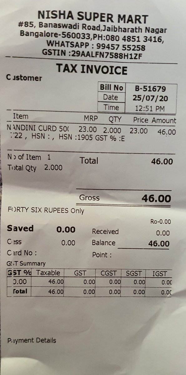 gowdablr's tweet photo. @gopalaiahbjp Sir, shops are charging extra Rs.1 for every pack of  #Nandini curds sold. In some cases Rs.2 over the MRP. Same with milk price as well!! Is this legally permissible? Attached bill for your reference. @nandinikmf @BangaloreMirror https://t.co/b4nX0LOMsQ