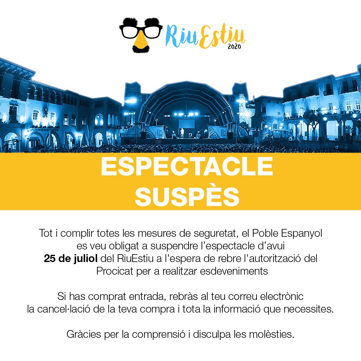 Riuestiu's tweet photo. 💔 avui espectacle suspès. @Riuestiu @PobleEspanyol #CulturaSegura https://t.co/vg27Oj0hHR