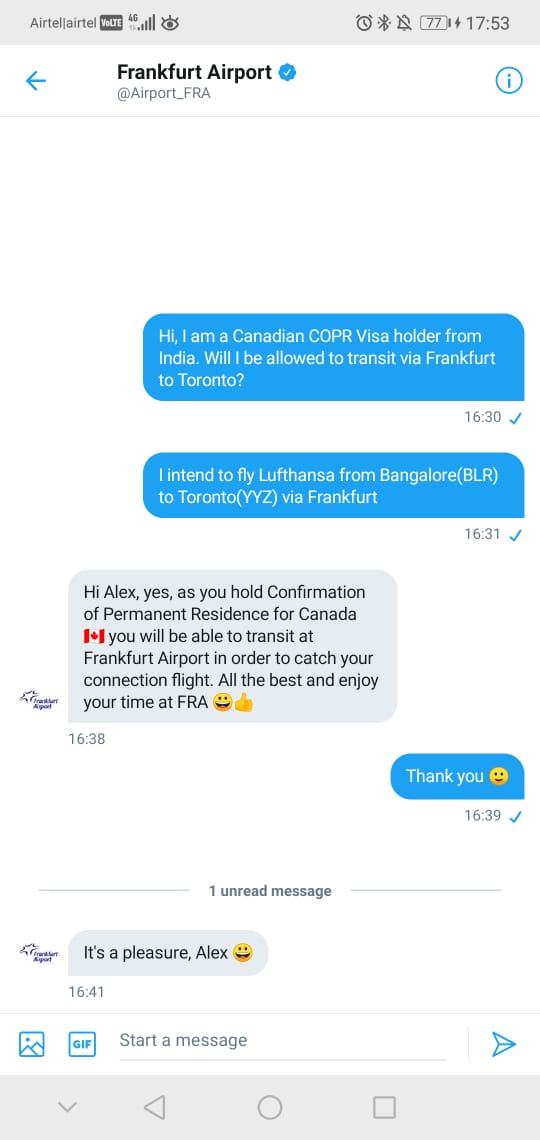 al3xchack0's tweet photo. @Lufthansa_India When will Lufthansa allow COPR holders who were issued visa before March 18 to board flights to Toronto via Frankfurt? Canada border is open for them and Frankfurt airport allows transit for COPR holders. https://t.co/WZWNGu5gTy