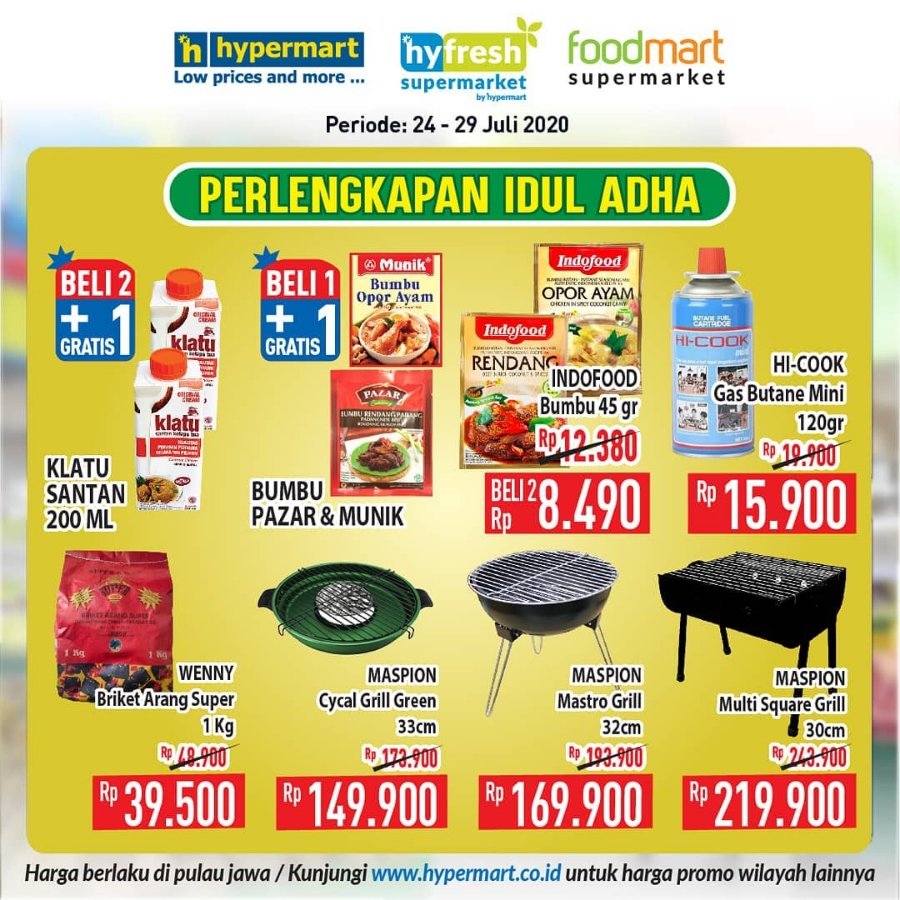 HypermartP's tweet image. Promo untuk Perlengkapan Idul Adha tersedia di Hypermart! Mulai dari bumbu-bumbu hingga peralatan BBQ untuk daging-daging, semua tersedia di Bazaarnya Hypermart! Periode promo 24 - 29 Juli 2020.

Promo berlaku di Pulau Jawa.

Tunggu apa lagi, yuk belanja lebih hemat di Hypermart!