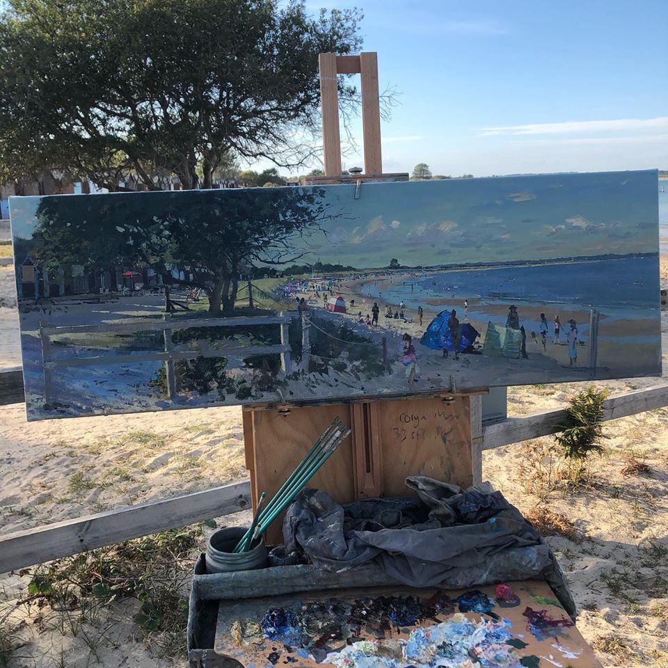 12 x 36 oil on canvas painted this week #studland #studlandbay #oldharryrocks #shellbay #dorset #painting #art #sunmerholidays #summer2020 #eveninglight