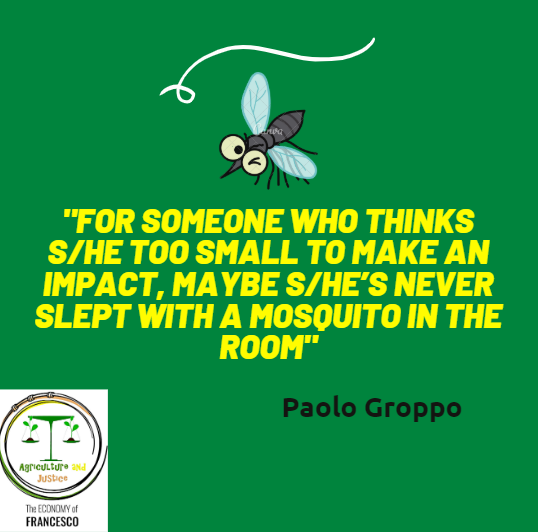 AgricoltureF's tweet photo. Good morning everyone!Did you enjoy our last webinar with Paolo #Groppo?During the discussion Paolo gave us a very inspiring quote of one of his friends: “for someone who thinks s/he too small to make an impact, maybe s/he’s never slept with a mosquito in the room.” Do you agree? https://t.co/QarAvCXfWr