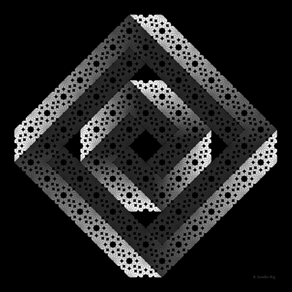 HypercubicPeg's tweet photo. @_Kcnarf A bit more mucking around
#mathart #impossibleFigures #opticalIllusions #geometricJuly #tilings #rhombus https://t.co/QmFKPtSaJV