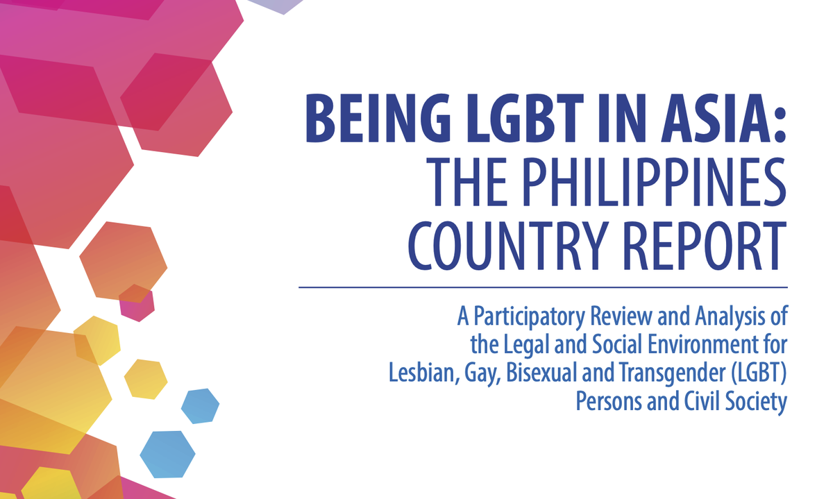 10. BEING LGBT IN ASIA: THE PHILIPPINES COUNTRY REPORT. This provides a comprehensive view of how the Philippines treats the LGBT community in terms of various institutions (family, religion, media, politics, etc).Read the full report here:  https://www.undp.org/content/dam/philippines/docs/Governance/Philippines%20Report_Final.pdf