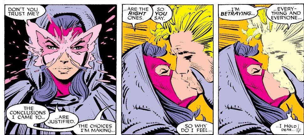 For good measure, she kisses Havok (Psylocke’s only on-panel kiss throughout all of the Claremont Run) and sends him on his way before hanging around herself just long enough to taunt her enemies. 6/7