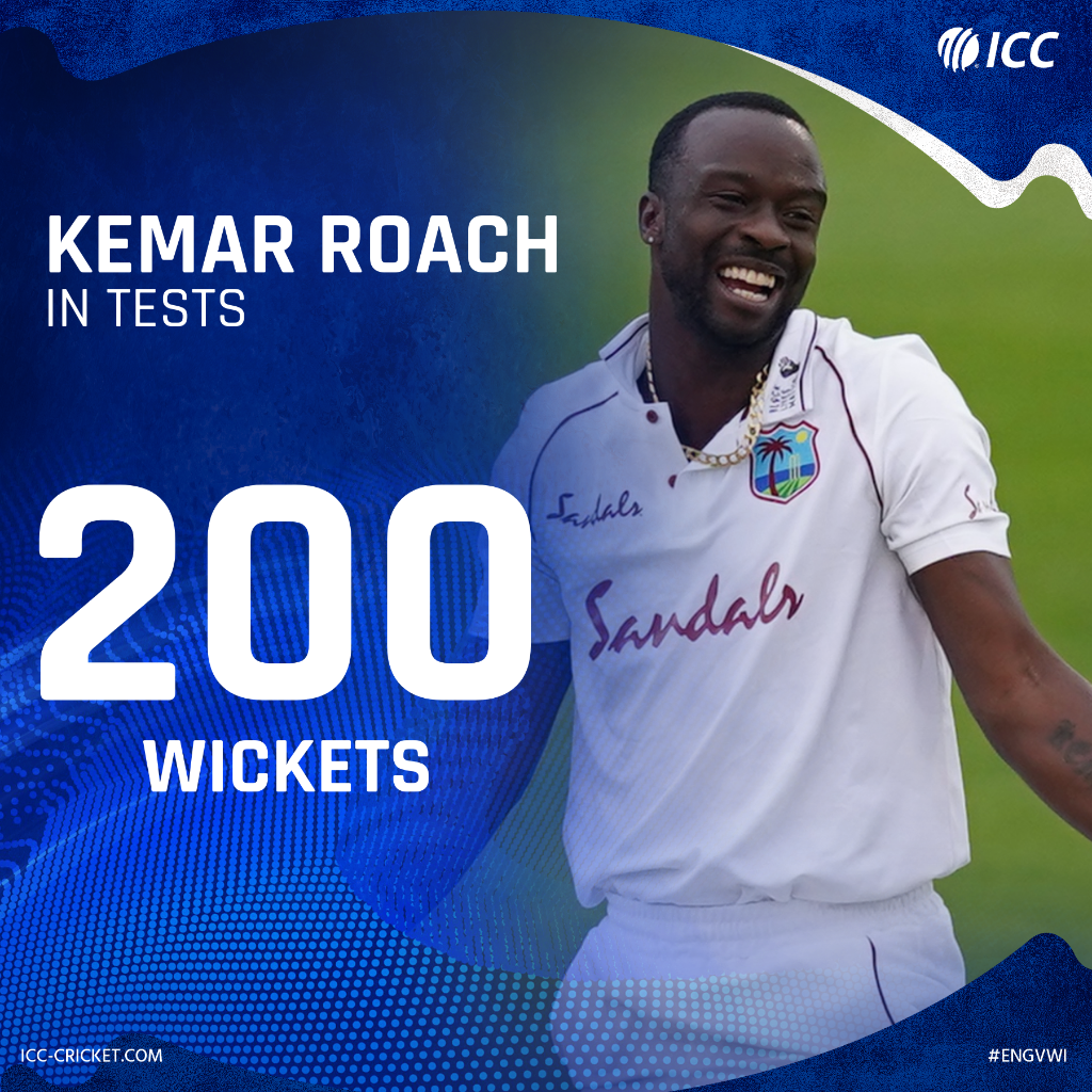 ICC's tweet photo. 2️⃣0️⃣0️⃣ Test wickets for Kemar Roach! 🎉🎉🎉 

He becomes the ninth West Indies bowler to reach the mark, and the first since Curtly Ambrose in 1994 🤯 

#ENGvWI https://t.co/w7aXfO1t0k