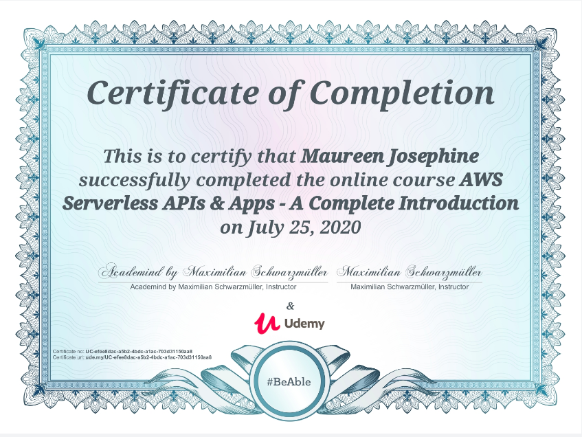 J_Akello's tweet image. 🥳🥳Congratulations to me for finally completing an introductory Course on AWS serverless API's & apps on Udemy by @maxedapps. Looking forward to applying this knowledge in a real-world context💪💪. #AWS #ServerlessApps #womenintech