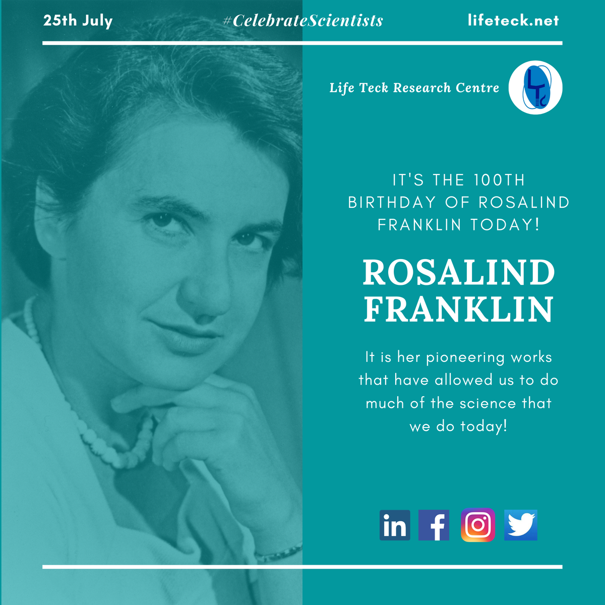 ltrcofficial's tweet photo. Her works on X-Ray crystallography helped unravel the structure of DNA. Although that is her best known work she excelled in many fields of study and is a key factor to the developments we have today. #lifeteck #CelebrateScientists #biotechnology #science #technology #innovation https://t.co/LYm3K1CV93