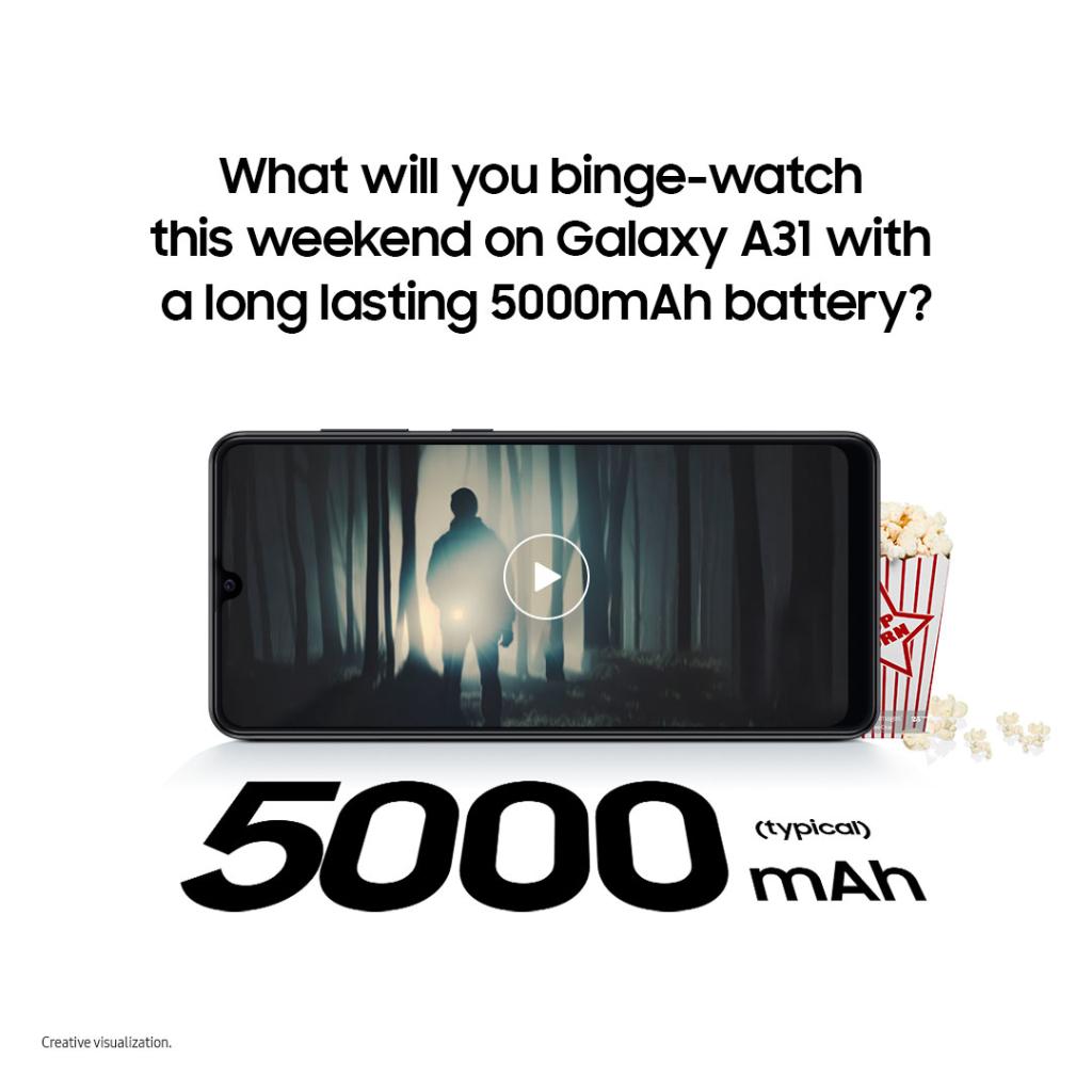 SamsungIndia's tweet photo. Get your popcorn ready! In the comments below, tell us what will you binge-watch this weekend on #GalaxyA31 with a long lasting 5000mAh battery. Don’t forget to use #GalaxyA31Contest and stand a chance to win exciting prizes. T&amp;C Apply. https://t.co/EmHL4FCenI #Samsung https://t.co/01IWi7BIND