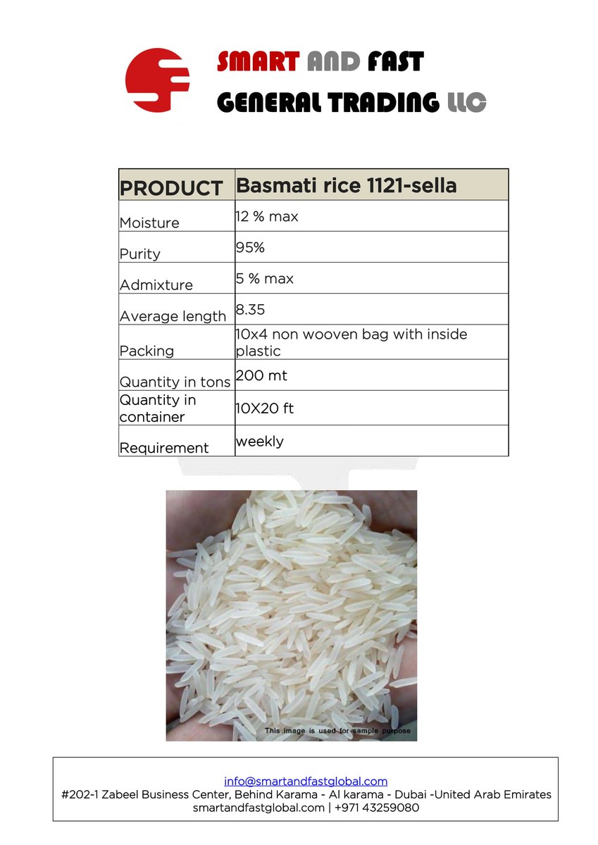 smartandfastuae's tweet photo. #sella basmati 1121

we are also into :
#Exporter : #Food #pellets #bajara, #animalfeed #sellarice, #brownrice #stocklotgarments #solar #officestationary #vegetable #fruit #cosmetic #chemical #thermalpaper #cashroll #mask #gloves #PETROLEUM PRODUCTS

+971 43259080 https://t.co/kr7SqEsfM2