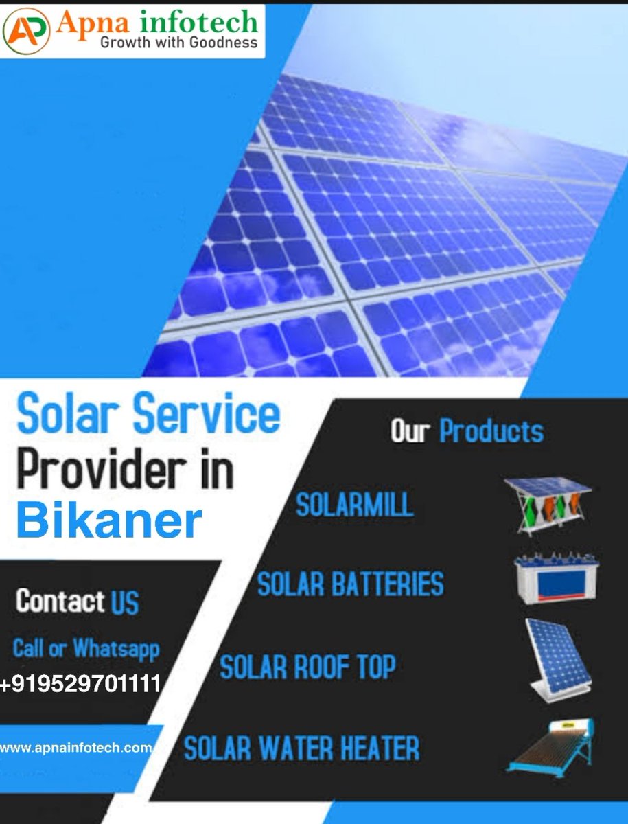 ApnaInfotech's tweet photo. @ApnaInfotech is solar service provider with operations in multiples area . We provides most advanced technology and highest quality solar services in Bikaner , Nagour etc.
#apnainfotech
#apnasolar
#bikaner https://t.co/du0UefRw8w