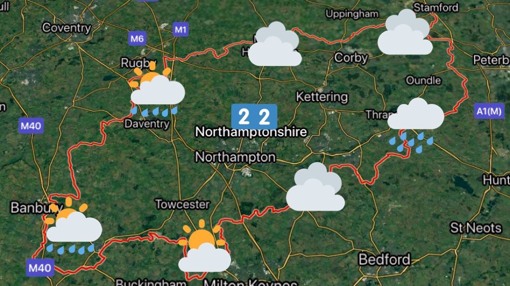 NNweather's tweet photo. Good morning #Northamptonshire.

Cloud and some sunny spells today along with scattered showers with a risk of a heavy one this afternoon with a rumble of thunder. 

Windy as the southwesterly wind gusts 25-30mph. 22°C. https://t.co/oRMr9nk8LN