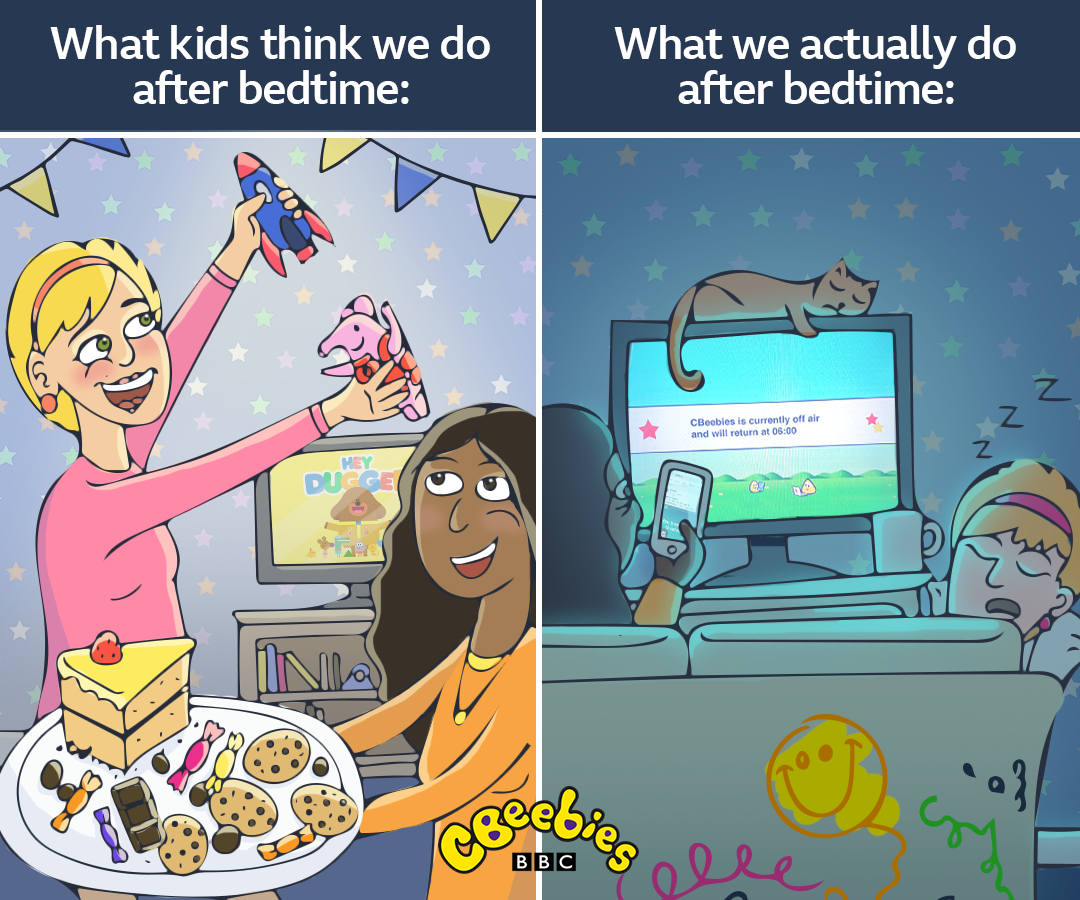 CBeebiesHQ's tweet photo. How do you spend your 'me time' after the kids go to bed?? ☕️📺😴

Illustration by @mg_creative ✏️

#SaturdayThoughts https://t.co/bJ9BM9bnS3