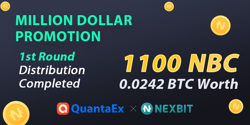 #Biggest #Promo #2020 🔥🔥
🔸Million dollar worth of $NBC 
🔸1st round distribution completed 🔊
👉🏻If you don't wanna miss out from the 2nd round you better hurry and join NOW!Visit👉🏻 quantaex.com/promo
Join-t.me/nexbitofficial
👉🏻t.me/quantaex
<a href="/nexbitio/">NEXBIT.IO</a> <a href="/BitBD/">BitBD ♎️⚛️</a>