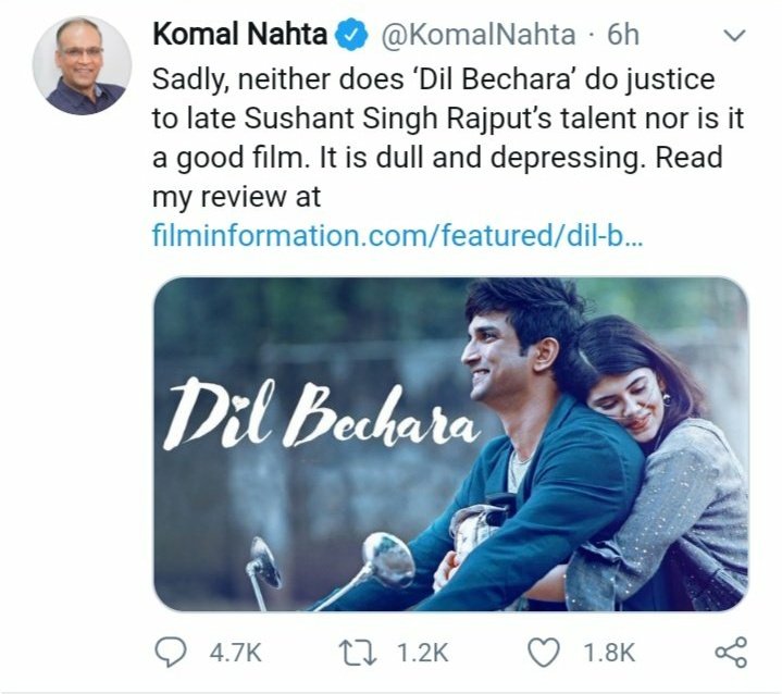 DesiDiplomat's tweet photo. If India has Critics like @KomalNahta
Then ,
The youth deserves "Tatti-Bollywood" in India.

#DilBecharaCreatesHistory https://t.co/2Yy0gviee6