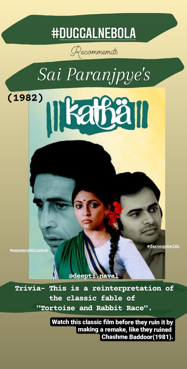 AlankritDuggal's tweet photo. #Duggalnebola #hindifilms #naseeruddinshah #farooqsheikh #deeptinaval #katha #saiparanjpye #indiandirectors #filmrecommendations #MovieRecommendations #followme #comedyfilms #indiancomedy #tortoiserabbitrace #fable #love #cinemalover
Follow for more Hindi film recommendations. https://t.co/FZwXdqjv2O