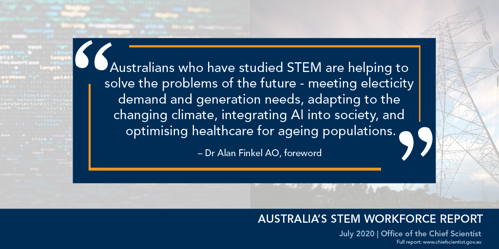ScienceChiefAu's tweet photo. Have you had a look at the 2020 Australia’s #STEMWorkforceReport yet? Complete with a foreword from Australia’s Chief Scientist, the report draws on data from the #Census to provide a comprehensive overview of Australia’s #STEM workforce. Available now: https://t.co/34cOEufDpl https://t.co/39mluljAPM