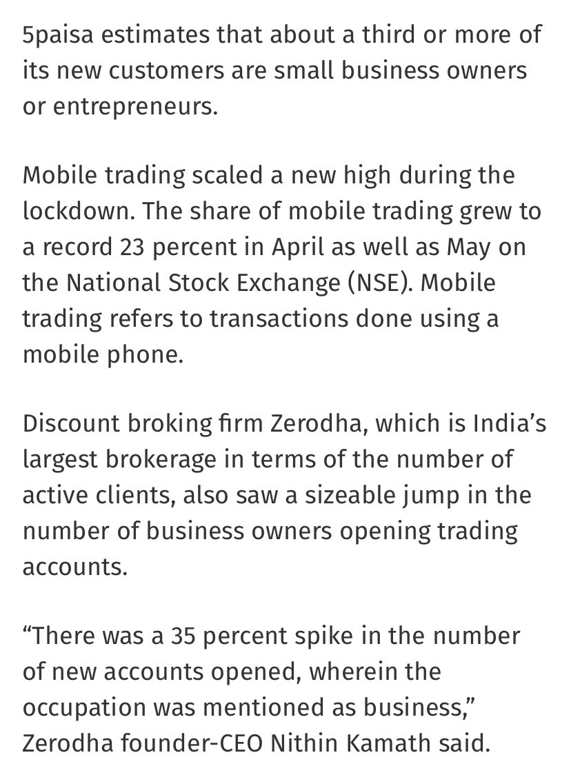 In India too..."Brokerages say a third or more of their new customers are small business owners or entrepreneurs and most of them are from tier 2 or 3 cities or towns." https://www.moneycontrol.com/news/business/markets/businesses-locked-down-owners-turn-to-stock-market-to-make-money-5595531.html