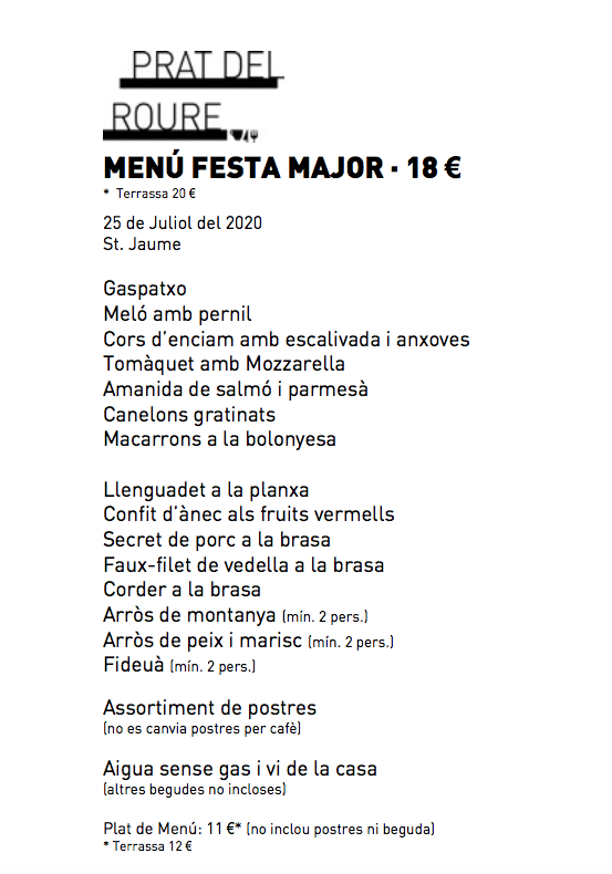 Menú de Festa Major - 25 de Juliol, Sant Jaume