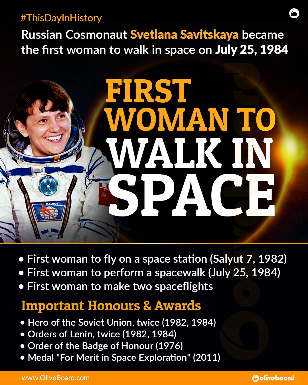 Oliveboard on Twitter: "#ThisDayInHistory | Russian Cosmonaut Svetlana Savitskaya became the first woman to walk in space on July 25, 1984 . . Get Free eBooks here: https://t.co/0ru4G84VMa . . #Cosmonaut #Spacestation #