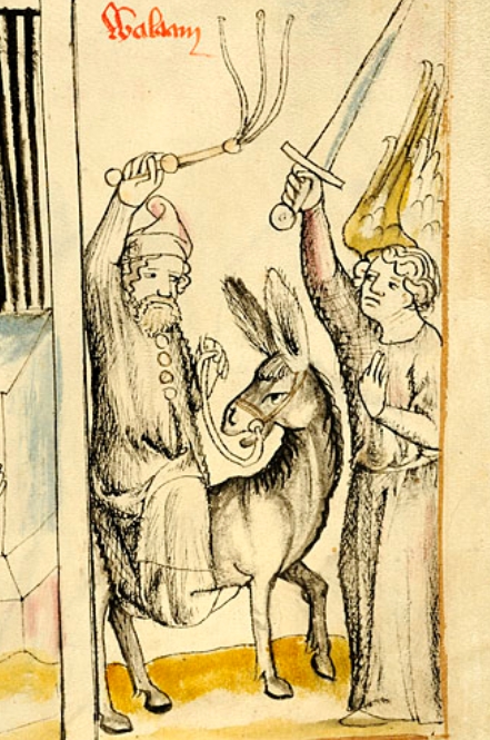 Balaam raises a whip. The angel raises a sword. But the donkey easily upstages them both. How do I love her? Let me count the ways: The giant, shaggy ears. The bangs. The side-eye. The sassy mouth. The all-the-single-ladies front leg. The sinuous negative space around her neck.