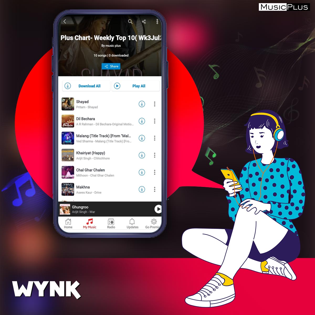 musicplusindia's tweet photo. Music Streaming made easy with #PlusChartWeeklyTop10 playlist available on @WynkMusic. 
Just look for the playlist or click 👉 https://t.co/jzh0COqxv5 and get listening!

#musicstreaming #OTTs #wynkmusic #musicplaylist #bollywoodtop10 https://t.co/1z2t3GT3qm