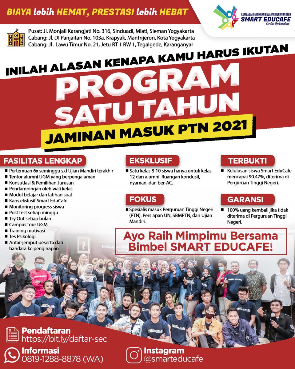 Guys, kalian pasti tahu kalau #UTBK  &amp; #ujianmandiri adalah penentu masa depan kalian. Bimbel <a href="/smarteducafe/">Smart EduCafe</a> punya PROGRAM SATU TAHUN-JAMINAN MASUK PTN buat siswa kls 12 SMA &amp; alumni. Cek posternya ya! More info: 0819-1288-8878 (WA Only) | IG: <a href="/smarteducafe/">Smart EduCafe</a> #bimbelutbk #bimbelugm
