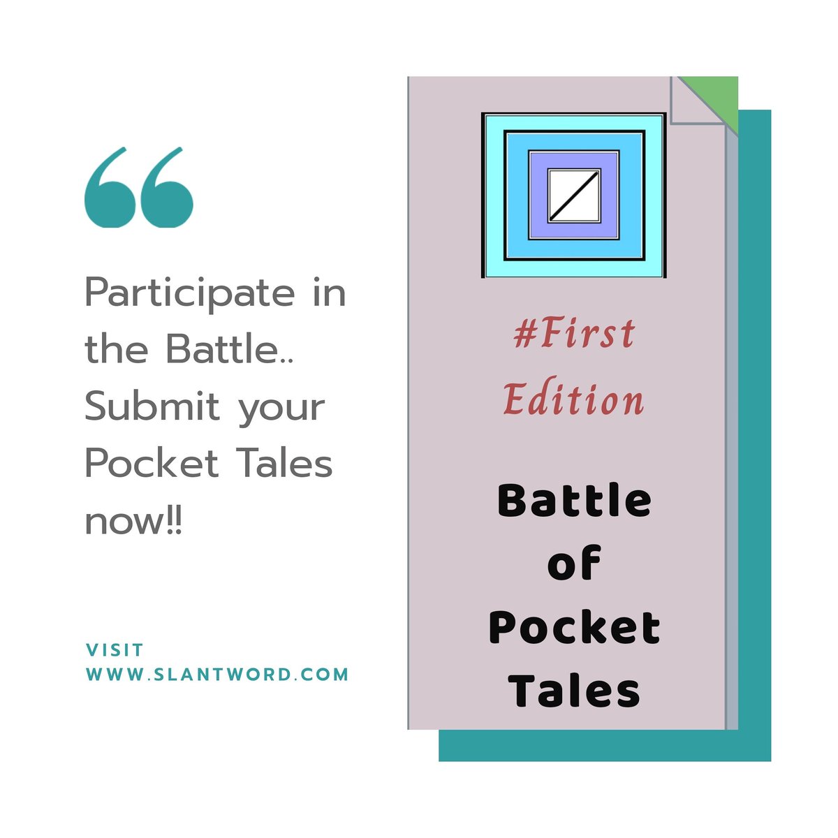 slantword's tweet photo. Participate in Battle of Pocket Tales now. Show us your talent to speak maximum with minimum words. (Use upto 100 words)
Visit https://t.co/9c3HhnQ8Ff !

#Slantword #BattleofPocketTales #microtale #pockettale #writingcommunity #writing #writers #writingcompetition https://t.co/T0pVzuo6ED