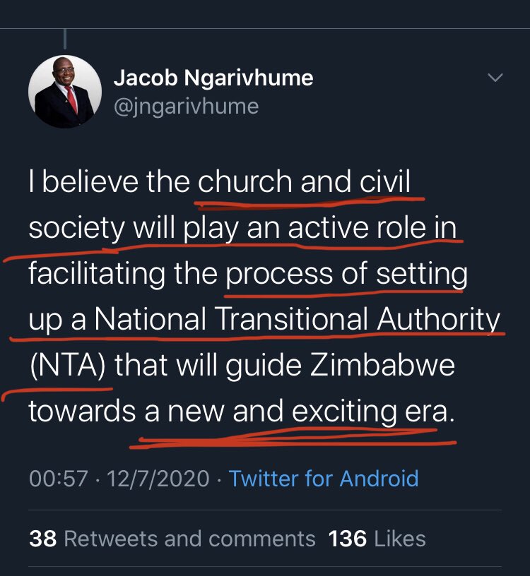 3/ In framing the regime change idea,  @jngarivhume: •First queried is Zanu PF would do “the sensible thing”. He also called it “the people (western) project. •He then located the “church” & NGOs in the creature he calls an National Transitional Authority (NTA).