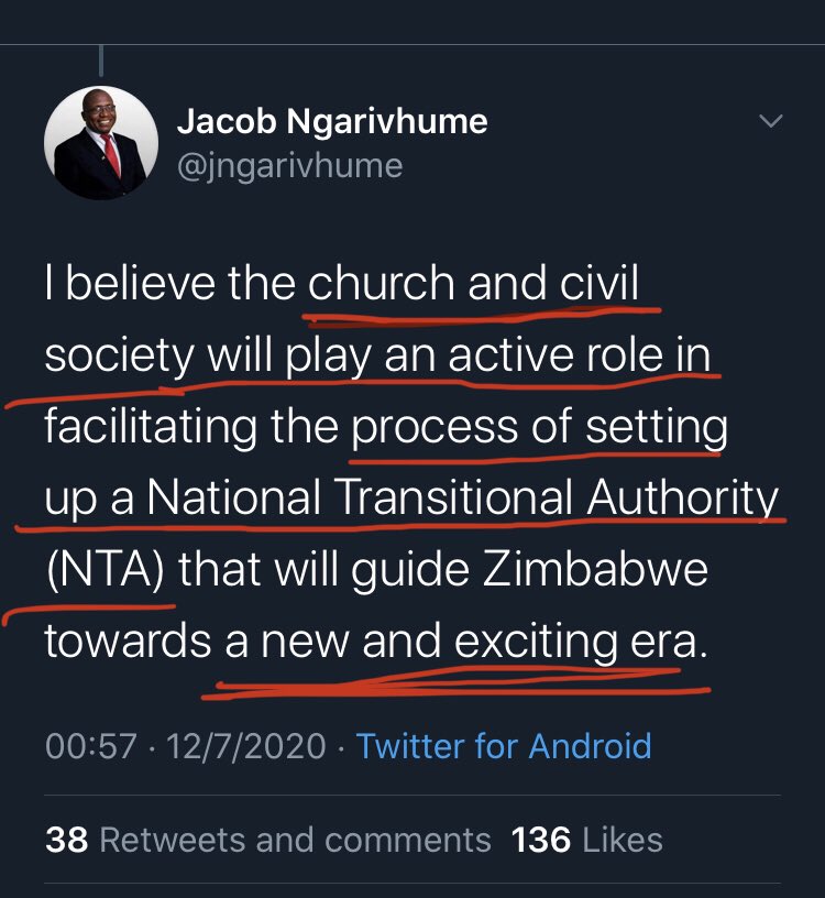 2/ Ngarivhume’s call for a demo echoed by likes of  @ShingiMunyeza wasn’t about corruption: •Corruption was just supposed to be the Sarajevo moment. •Ngarivhume let it slip when he tweeted about mobilizing the church & foreign orgs to form an NTA.