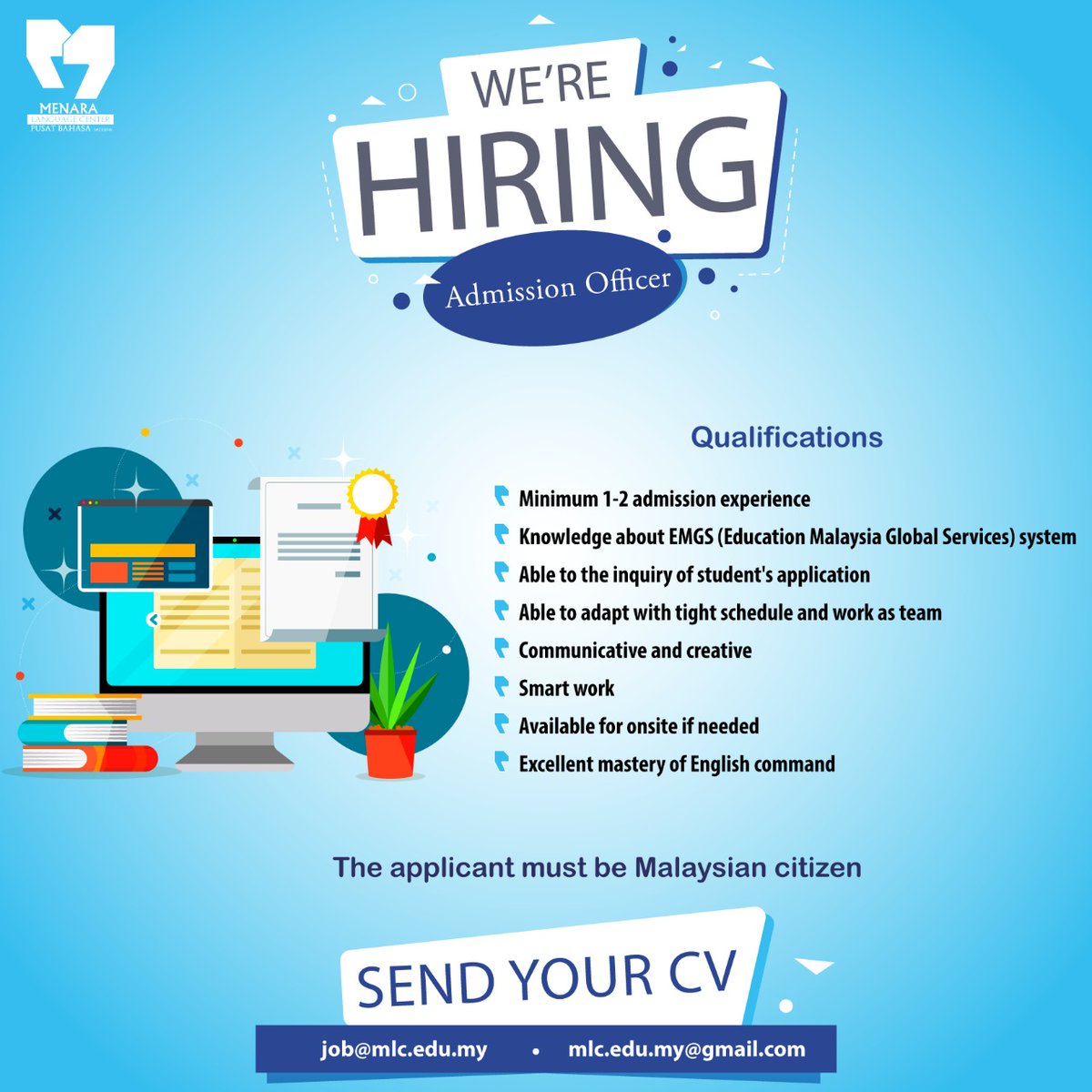 MLC_edu's tweet photo. #Job_Vacancy 🔍
#Jobs 
#Malaysia 
Admissions Officer 👩‍💻
Details:
 Student Affairs Unit, International Students application, 

 Location #University_Malaya, Kuala Lumpur  
 Salary 1,500 ~ 2,000
Please send your resume to
 job@mlc.edu.my   or whatsApp 
https://t.co/D7uPH3Pn9z https://t.co/2yejneTQQx