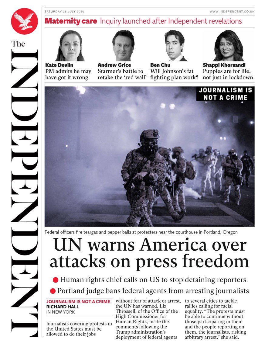 carlquintanilla's tweet photo. Remarkable page one coverage in the UK this morning, on DHS/protest tactics:

(via @ukpapers) https://t.co/wfnipa2ubz