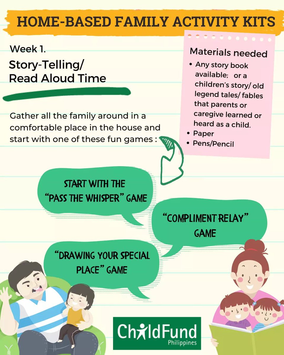 ChildFundPh's tweet photo. Enjoy this weekend with our Home-based Family Activity Kits! Let's gather all of the family member at home and enjoy some storybooks. Or share a children’s story you heard when you were a child. Try these few games before you start the activity. Happy weekend, friends! :D https://t.co/zjDQnE4YAL