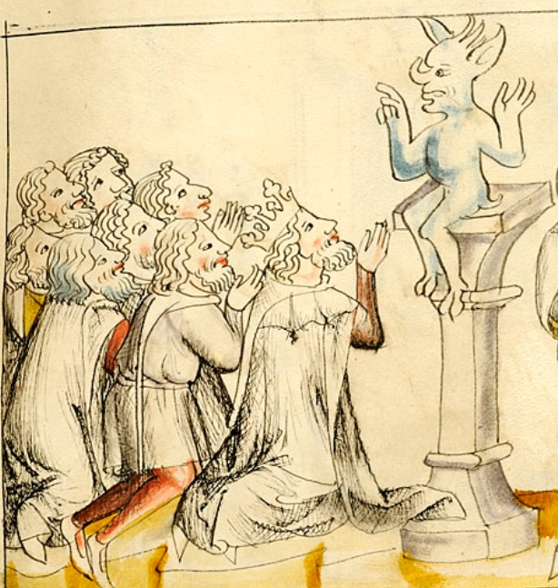 This manuscript has a number of idol pictures. They're always up on a pedestal, they're always lording it over their worshipers with some gesture of authority, and they always look stoooopid.