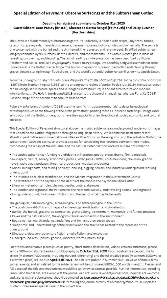 Two calls for papers: A special issue on Death and the Screen (see the link) &amp; a special issue on the Subterranean Gothic (see the pic). We welcome academic &amp; creative submissions &amp; you can DM us with any queries docs.google.com/forms/d/e/1FAI… Would love a RT from <a href="/OpenAcademics/">OpenAcademics</a> please!
