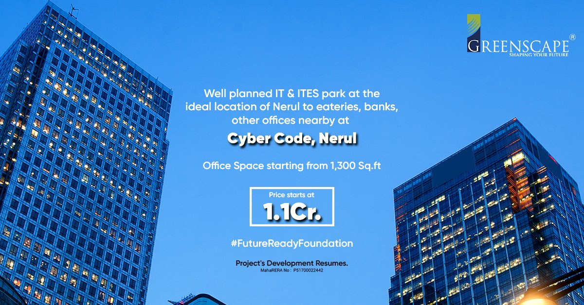 GreenscapeGroup's tweet photo. Your every desire to own perfect office space is about to come true!
Book your space today at Cyber Code, Nerul - Connect with Greenscape Group now!
#FutureReadyFoundation #CyberCode #CommercialPark #OfficeSpace #BusinessPark #ITPark #ITESPark #masterpiece https://t.co/oEElmqdfHk